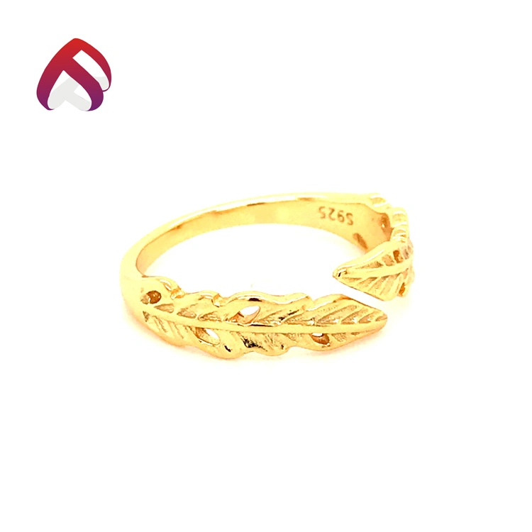Matte Finished 14K Gold Feather Rings Adjustable Plain Silver Ring Fine Jewelry (RG87629)