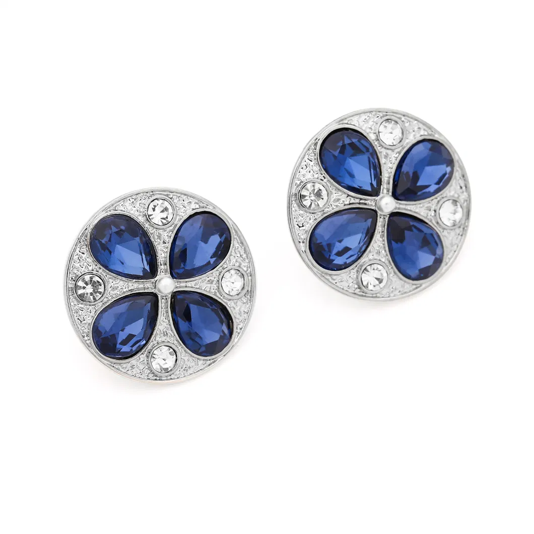 Blue Crystal Stone Design Round Shape Pierced Earring Fashion Jewelry for Women