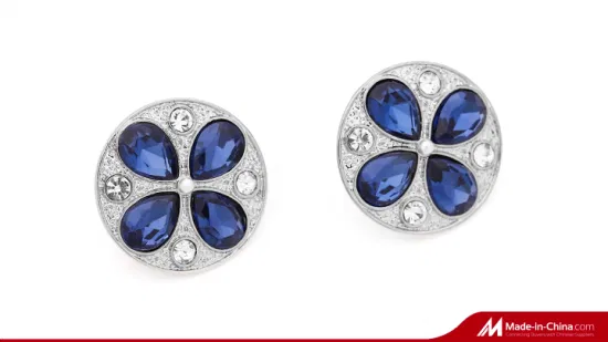 Blue Crystal Stone Design Round Shape Pierced Earring Fashion Jewelry for Women