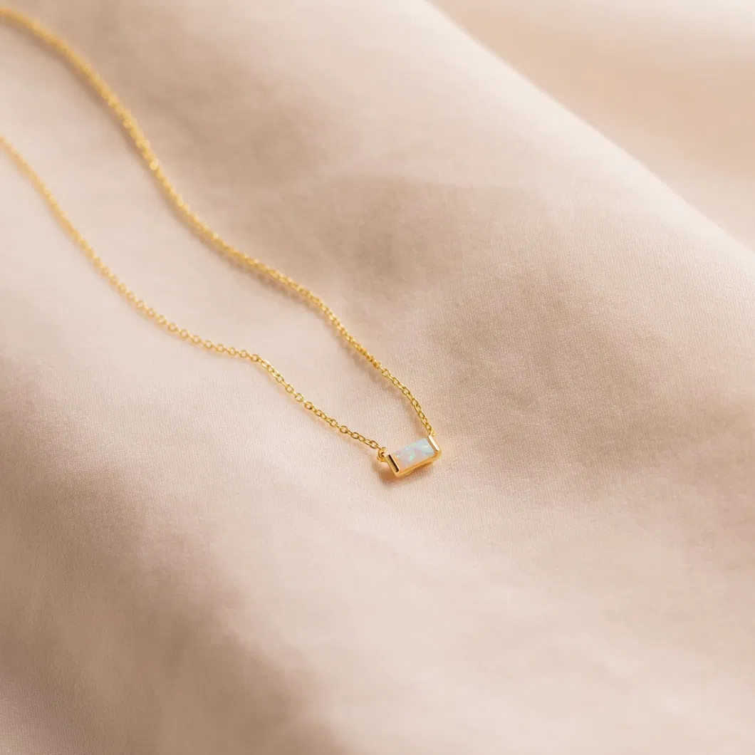 Custom Minimalist Natural Stone Silver S925 Sterling Jewelry 14K Gold Plated Zircon Baguette Square Birthstone Gemstone Necklace