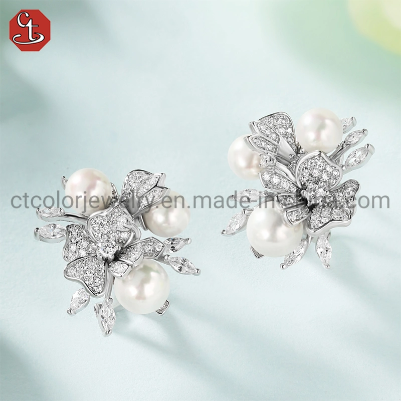 Fashion Jewellery Flower Pearl Women 925 Silver Rings Jewelry