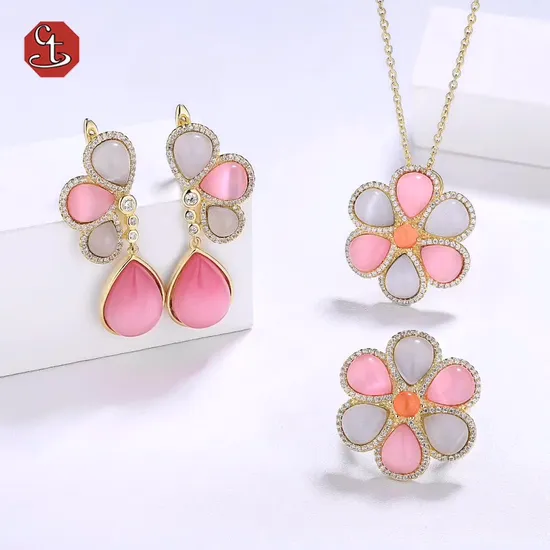 Fashion  Exquisite  Flower Pearl with zircon earrings necklace ring for Women 925 Silver Jewelry 