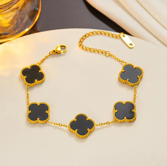 Adjustable New Design Gold Plated Stainless Steel 316L Plant Flower Bracelet with Five Leaf Petals Women′s Luxury Gifts Clover 