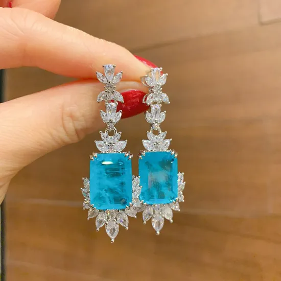 European and American Style Simulation Paraiba Ring Necklace Stud Jewelry Set Full Diamond 12*16 
