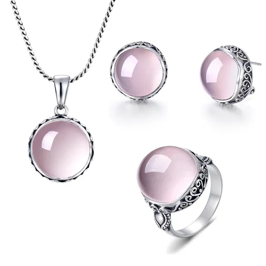 Custom Vintage S925 Silver Inlaid Carved Natural Hibiscus Stone Rose Quartz Gemstone Pendant Necklace Ring Earrings Jewelry Set 