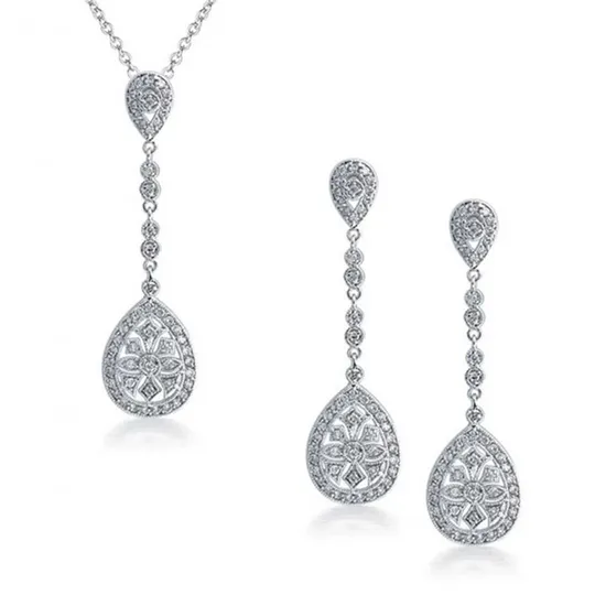 Fashion Water Drop 925 Silver Halo Necklace Earrings Jewelry Set 